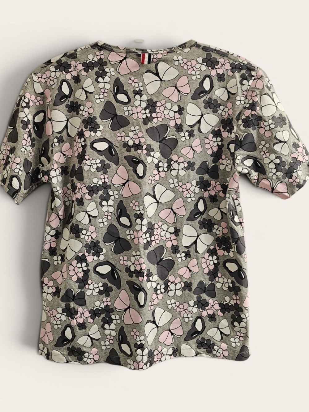 Rare Thom Browne Grey Tee with Pink & Black Butterfly Print - Picture 2 of 10